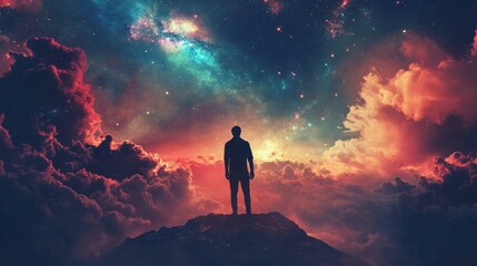 Fototapeta premium Silhouette of a man looking out at a vibrant nebula sky.