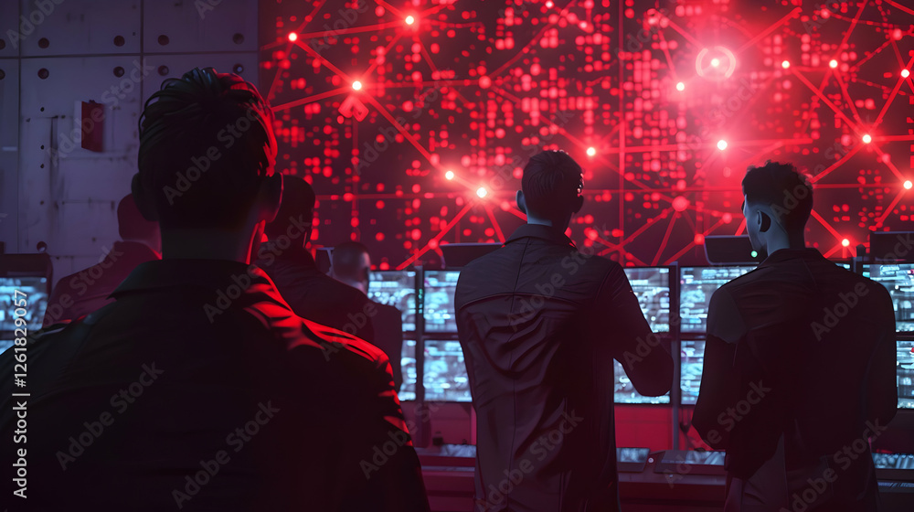 Poster group of individuals observing data analysis in a high-tech control room