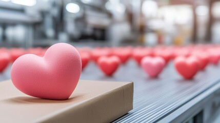 A pink heart sits atop a box, surrounded by a conveyor belt filled with additional hearts, symbolizing love and care in a production setting.
