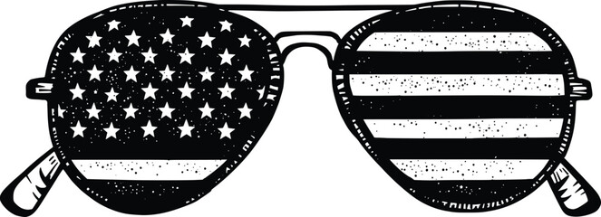 American flag sunglasses silhouette, patriotic aviator eyewear vector illustration, stars and stripes pattern, representing national pride, independence day