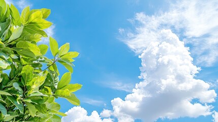Lush green leaves against a vibrant blue sky with fluffy clouds; perfect for nature-themed designs