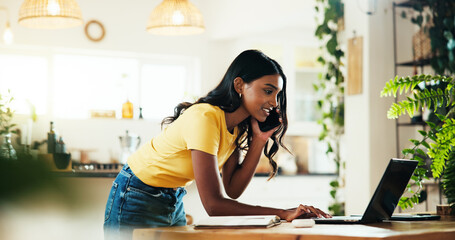 Business woman, laptop or phone call with research for schedule, appointment or record keeping at...