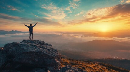 Silhouette of man standing on a mountain top with arms raised towards sunrise. Concept of success, achievement, freedom, and hope
