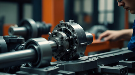 A Close-up view of engineers and technicians designing and engineering mechanical parts. Industrial engine factory, blueprints, bearing measurement,  industrial background.generative.ai
