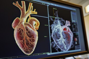 Coronary artery disease progression visualized in a medical rendering, emphasizing restricted circulation and heart strain.