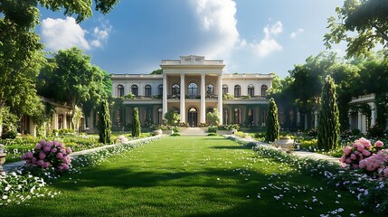 Obraz premium A high-end estate surrounded by perfectly manicured lawns, a professional landscaper ensuring every blade of grass is evenly cut,