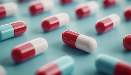 Colorful capsules arranged on blue background, showcasing vibrant red and white designs, creating visually appealing pattern