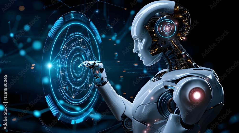 Poster futuristic humanoid robot interacting with a digital interface in a tech environment