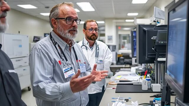 Medical Consultation: Two doctors are engaged in a serious discussion, reviewing medical images on a large monitor. One doctor is gesturing, actively participating in a detailed analysis.  