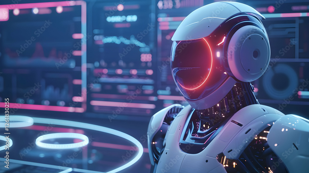 Poster futuristic robot with glowing features in a high-tech control room setting