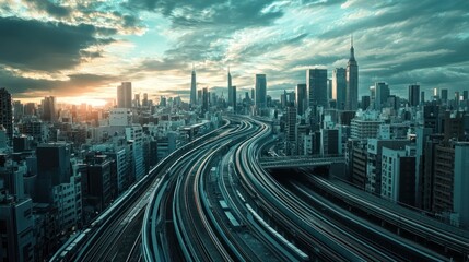 Cityscape at Sunset: Urban Infrastructure and Skyline