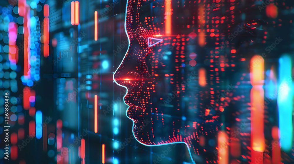 Aufkleber futuristic digital profile silhouette with vibrant data streams in a tech environment