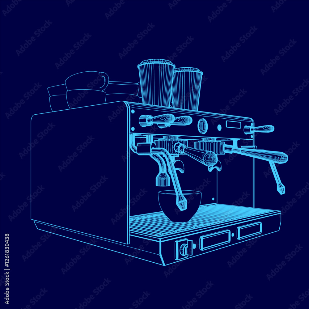 Poster a blue drawing of a coffee maker with two buttons and two handles. the coffee maker is designed to m