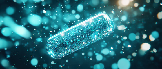 Futuristic capsule filled with shimmering particles, glowing in blue light