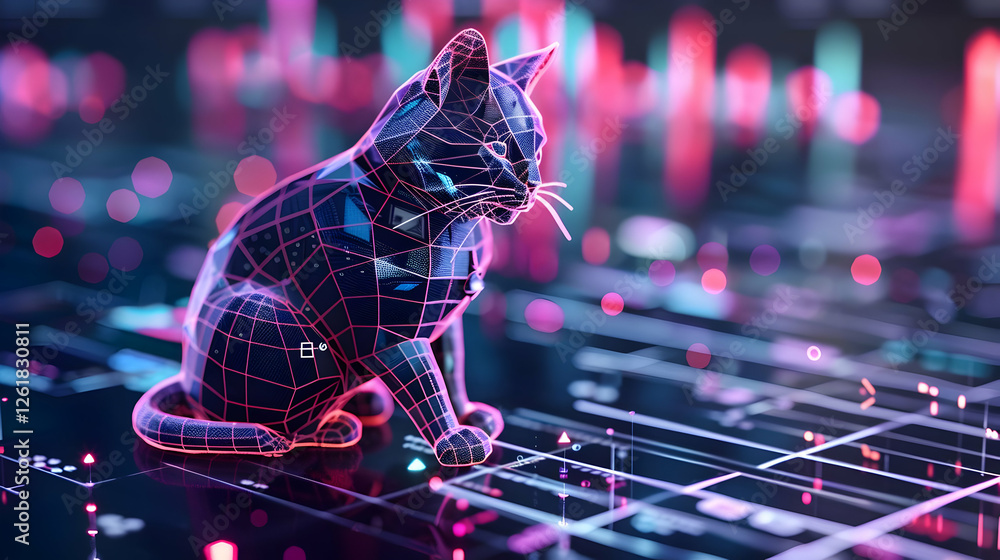 Poster futuristic digital cat sitting on a glowing data grid with vibrant background
