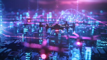 Fototapeta premium A futuristic drone navigating through a vibrant digital cityscape at night