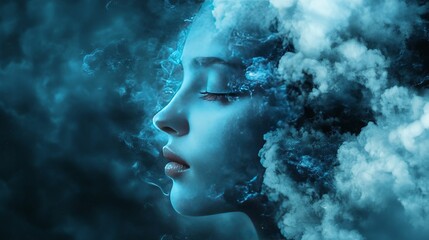 Abstract painting of a woman's face surrounded by clouds, dreamy, surreal, ethereal, artistic