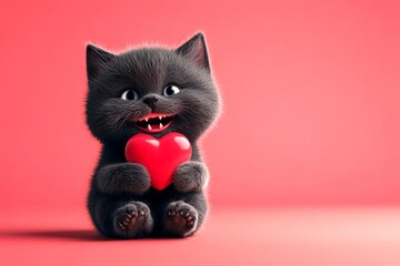 Chartreux - my preferred cat. Cute chartreux young cat with critter toy red heart - emblem of love, funny greeting card. Ad visual idea graphic artwork. Romantic kitten picture. Pet with love.