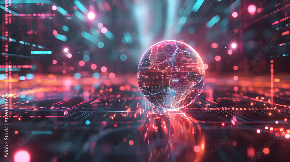 Poster futuristic digital globe surrounded by vibrant data streams in a tech landscape