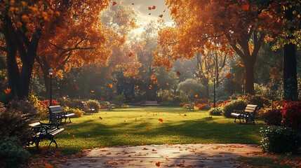 A landscaper tending to a historic park&rsquo;s lush green lawn in fall, the air filled with floating red and yellow leaves, towering trees creating a picturesque canopy,