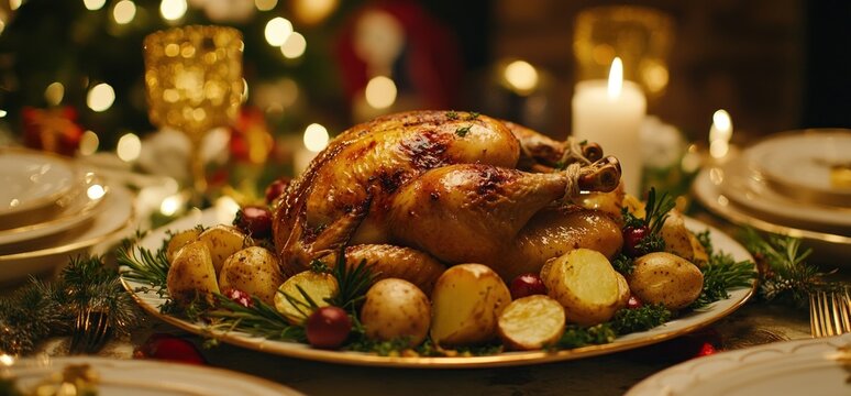 Roasted chicken, potatoes, Christmas dinner, festive table setting