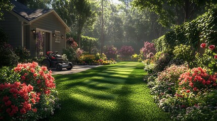 Fototapeta premium A lush suburban backyard receiving expert care, a landscaper using a zero-turn mower to craft intricate stripe patterns, neatly trimmed hedges framing the scene, vibrant flowers in full bloom,