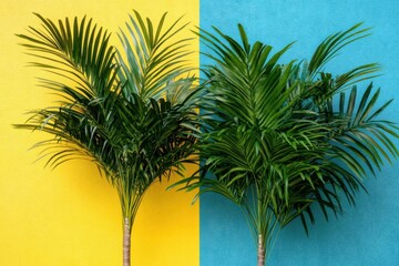 Obraz premium Vibrant Rainbow Tropical Plants Layout Mockup with Minimal Colorful Jungle Concept Art