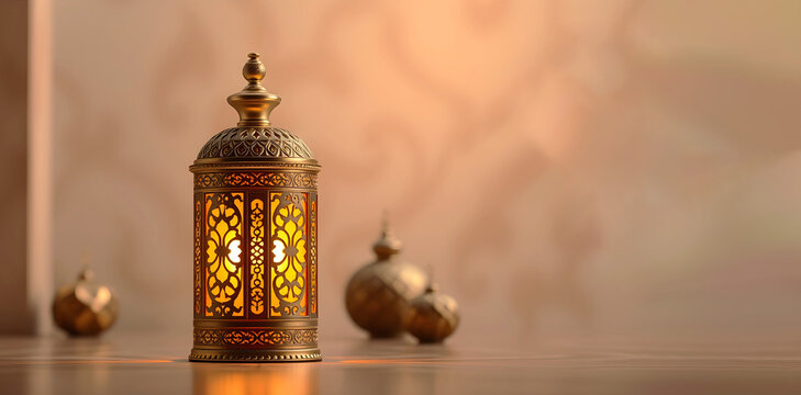 Ancient golden lantern emits light. Islamic elegant minimalist festive background with copyspace for ramadan or eid al-fitr