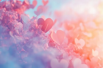 Fototapeta premium Pastel Pink and Red Heart Shaped Leaves Soft Focus Background