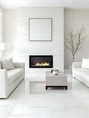 Cozy interior scene of living room with fireplace, sofas, blank frame, design use. Generative AI