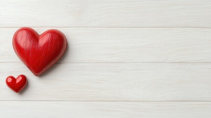 Two red hearts on white wood, copy space, Valentine's Day