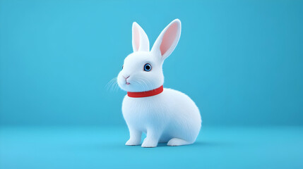 Obraz premium Cute rabbit with red collar on a blue background for easter sale ads. Generative AI