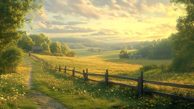 A peaceful rural scene with a landscaper mowing a large meadow, a weathered wooden fence bordering the field, rolling hills bathed in golden morning light, soft clouds drifting in the sky,