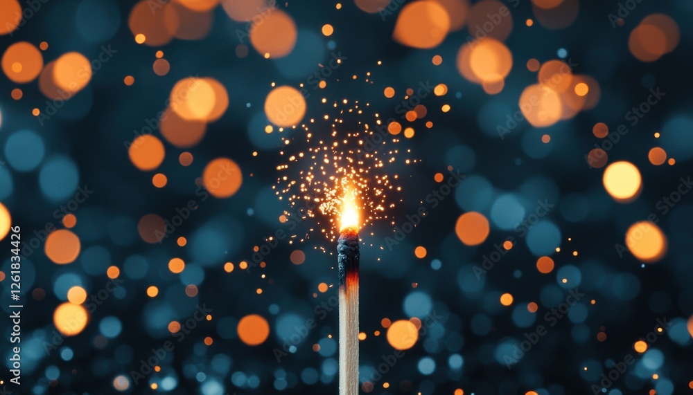 Poster a lit matchstick ignites sparks against a backdrop of colorful bokeh lights, creating a warm and fes