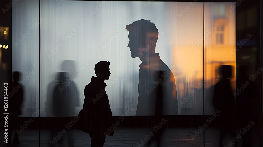 Poster transparent silhouettes of meeting attendees projected on a screen with a softly blurred office work