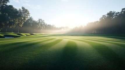 A pristine golf course being meticulously mowed, the landscaper ensuring seamless stripe patterns, the fairway stretching toward the horizon, soft mist rising in the early morning light,
