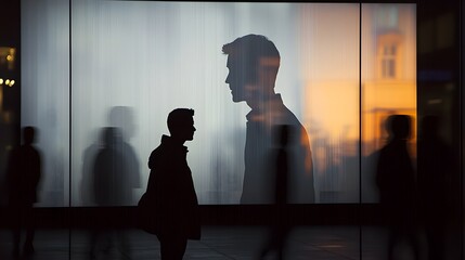 Transparent silhouettes of meeting attendees projected on a screen with a softly blurred office workspace backdrop creating a modern professional atmosphere for corporate and decision making