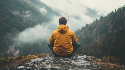 A lone man sits on a rock, looking out at a misty mountain view.