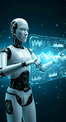 Naklejka premium Robot interacting with a holographic interface. Concept of Artificial Intelligence and Technology