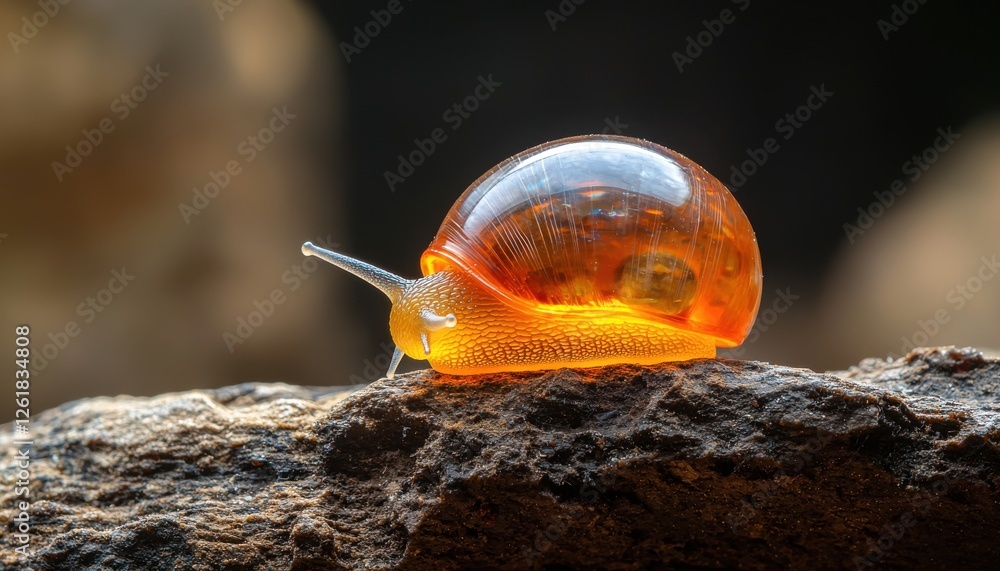 Poster a close-up of a shiny, orange snail resting on a rock, showcasing its unique shell and delicate feat