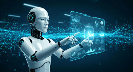 Robot interacting with a holographic interface. Concept of Artificial Intelligence and Technology