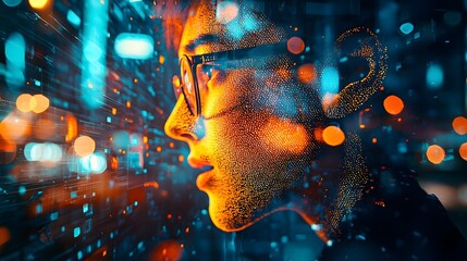 Holographic transparent figures in a futuristic virtual conference setting with a blurred office environment in the background representing the of technology and data visualization