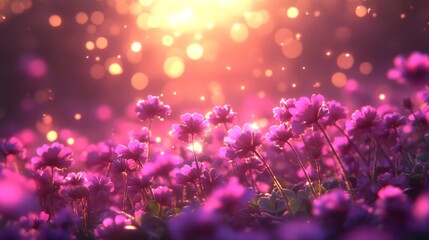 Pink Flowers Illuminated By Golden Sunset Light