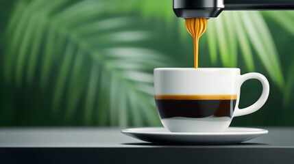 Espresso is being prepared with leaves background. Can be used for coffee ad. Generative AI