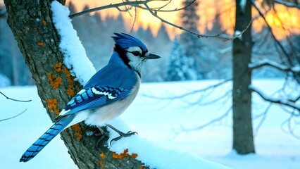 A charming Blue Jay sitting on a tree branch, its vivid blue feathers standing out against a snowy backdrop.