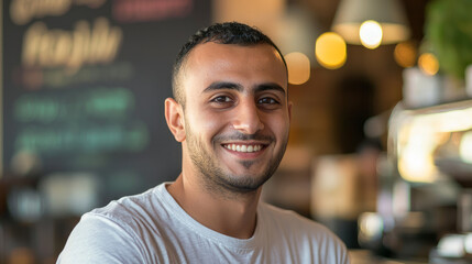 Obraz premium Arabic man with short hair, wearing a t-shirt, looking at the camera and smiling in a coffee shop, generative AI