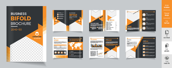 Company profile brochure design showcasing various sections and graphics in modern layout, Modern bifold brochure template for your business