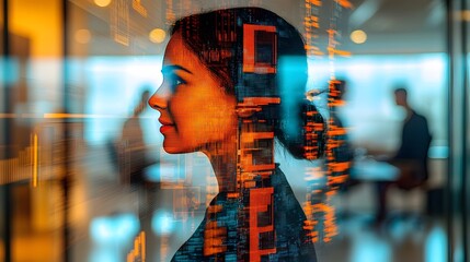 Holographic participants engaged in an online office meeting with blurred coworkers visible in the background representing the of virtual and physical workspaces