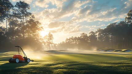 Fototapeta premium A professional landscaper using a reel mower to groom the delicate putting green of a luxury golf course, dew glistening on the grass, morning mist hovering over the bunkers,