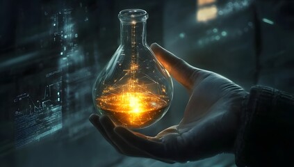 Hand holding glowing flask in futuristic lab